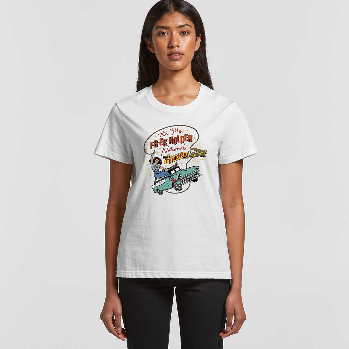 34th FB EK Holden Nationals Temora NSW 2025 - model wearing the Ladies white tee shirt