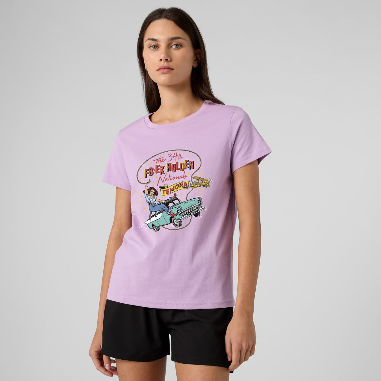 34th FB EK Holden Nationals Temora NSW 2025 - model wearing the Ladies pink tee shirt