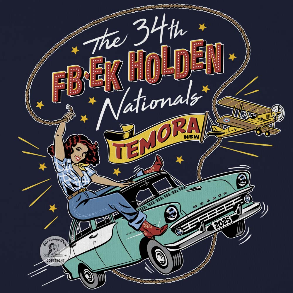 34th FB EK Holden Nationals Temora NSW 2025 - Navy crew neck sweatshirt closeup detail of design