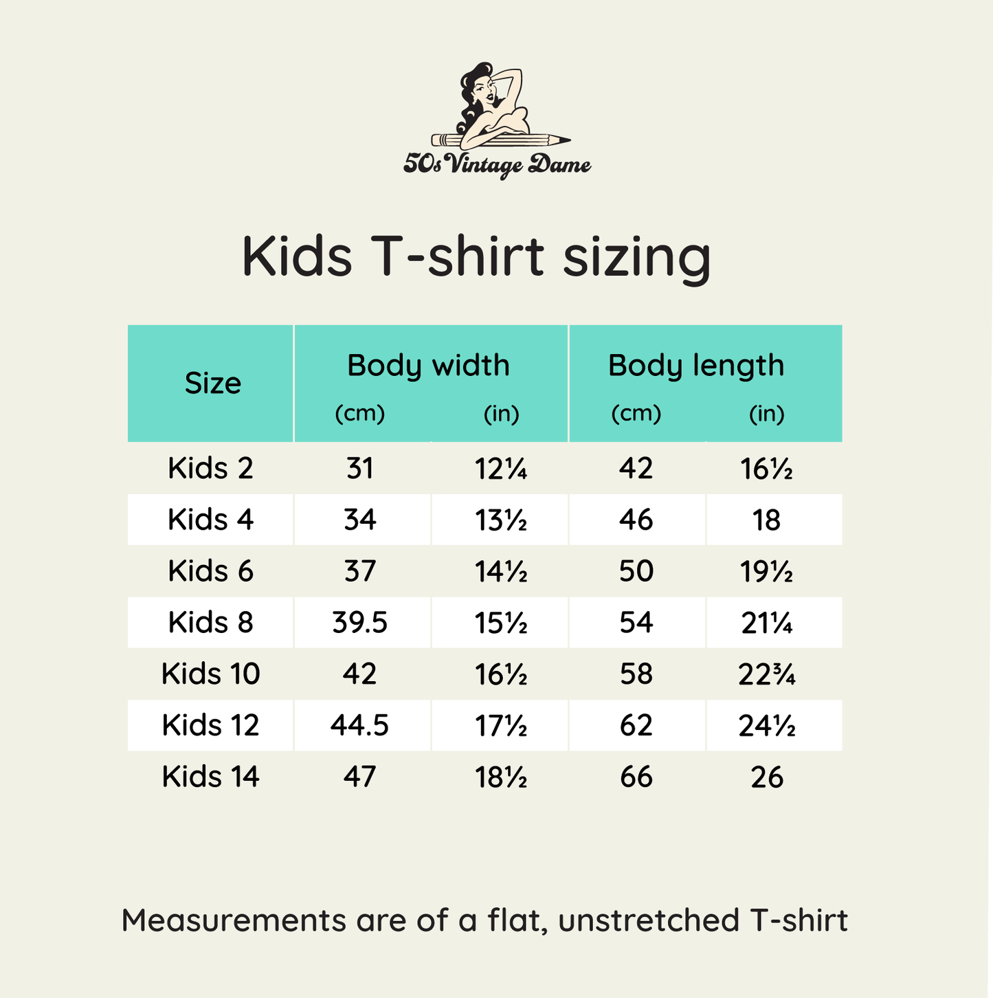 Kids tee shirt size chart