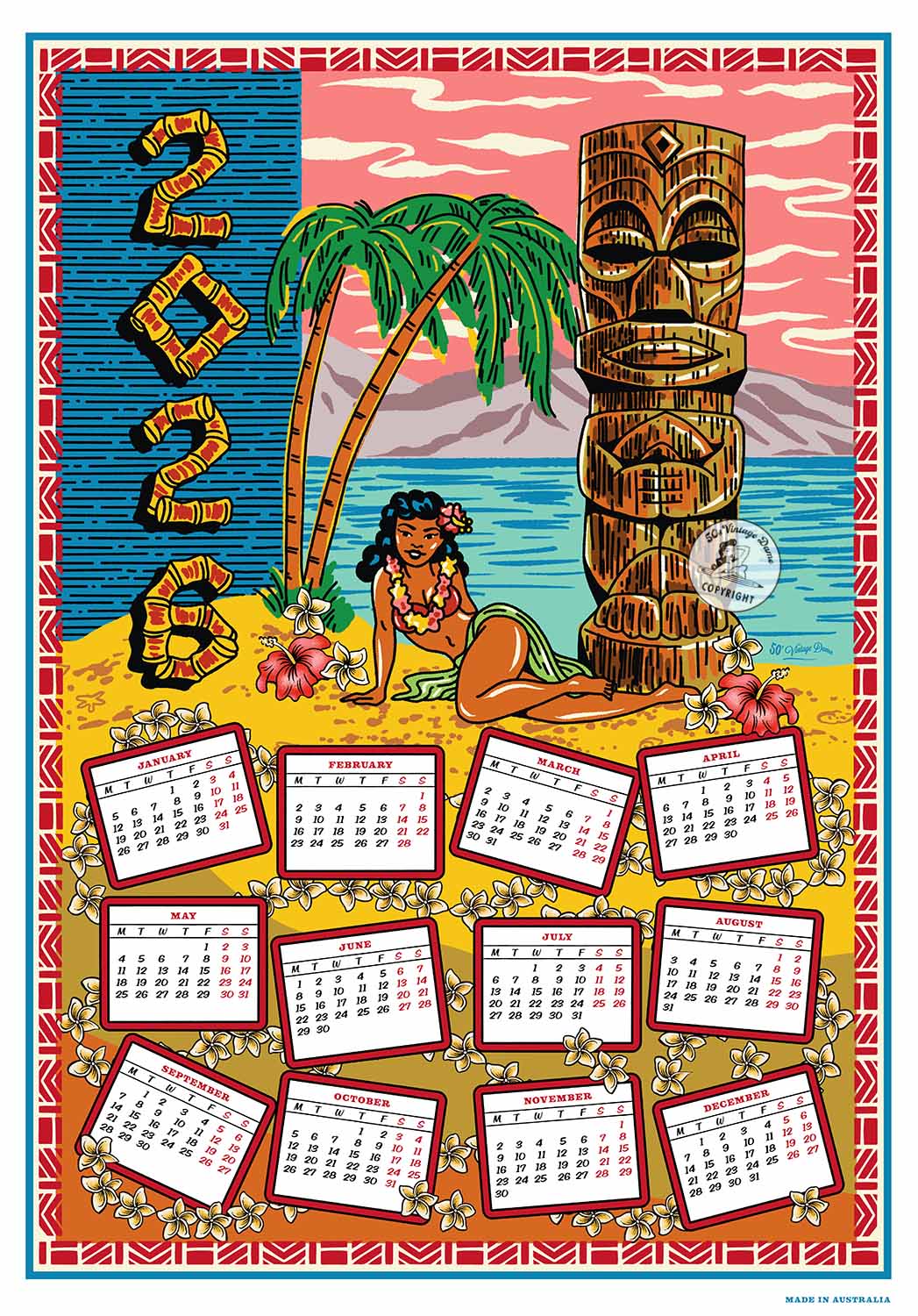 2026 Tiki calendar Teatowel with tropical design featuring a hula dancer and tiki statue.
