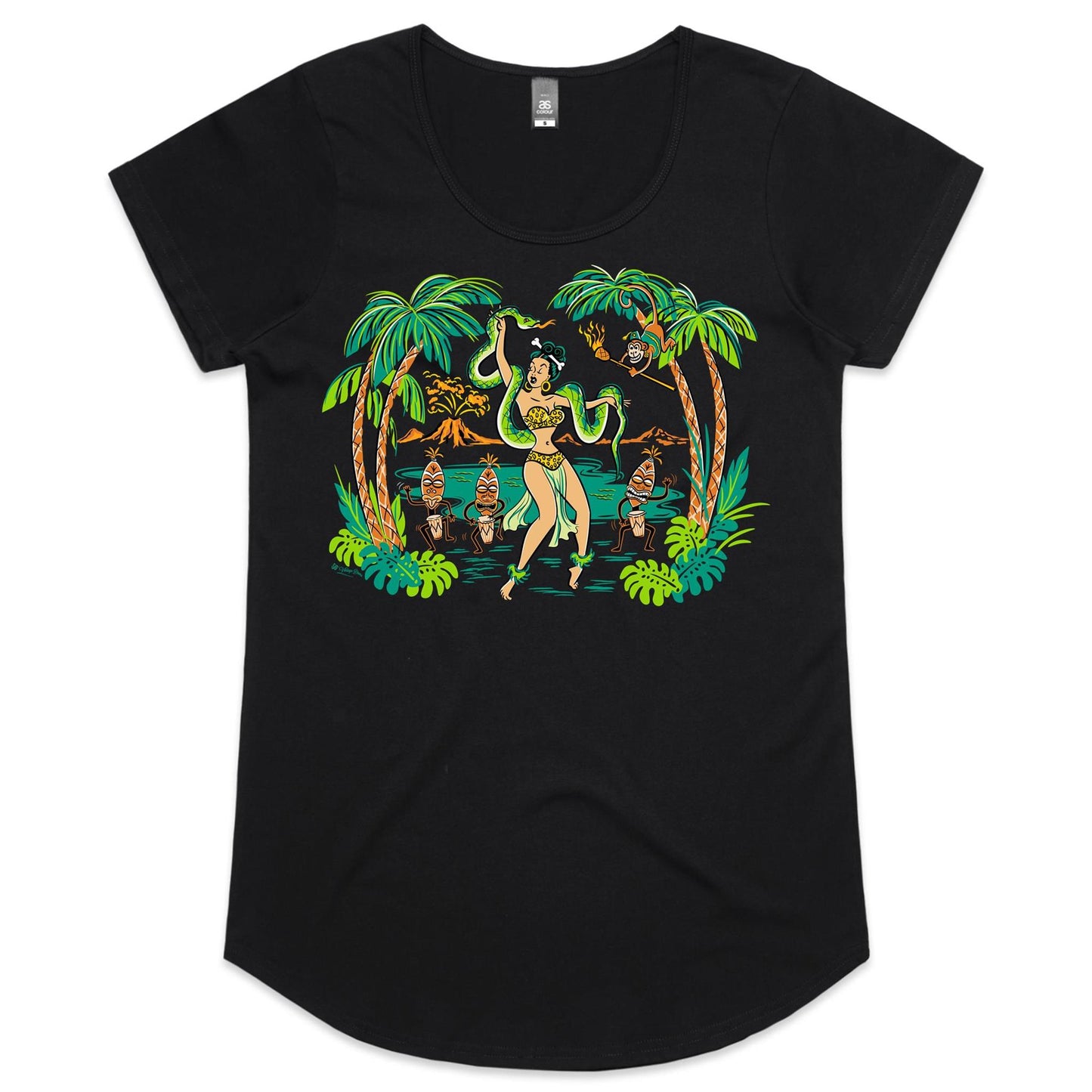 Ladies scoop neck tee shirt with a snake-weilding Voodoo Jungle Queen and Tiki Dancers