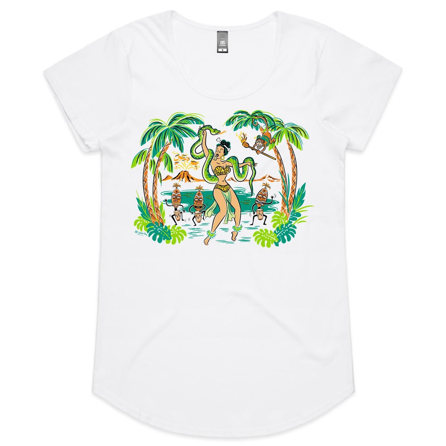 Ladies scoop neck tee shirt with a snake-weilding Voodoo Jungle Queen and Tiki Dancers
