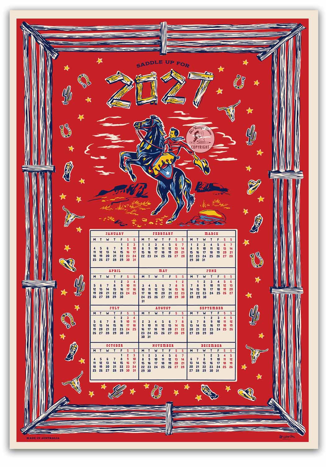 2027 cowboy calendar teatowel