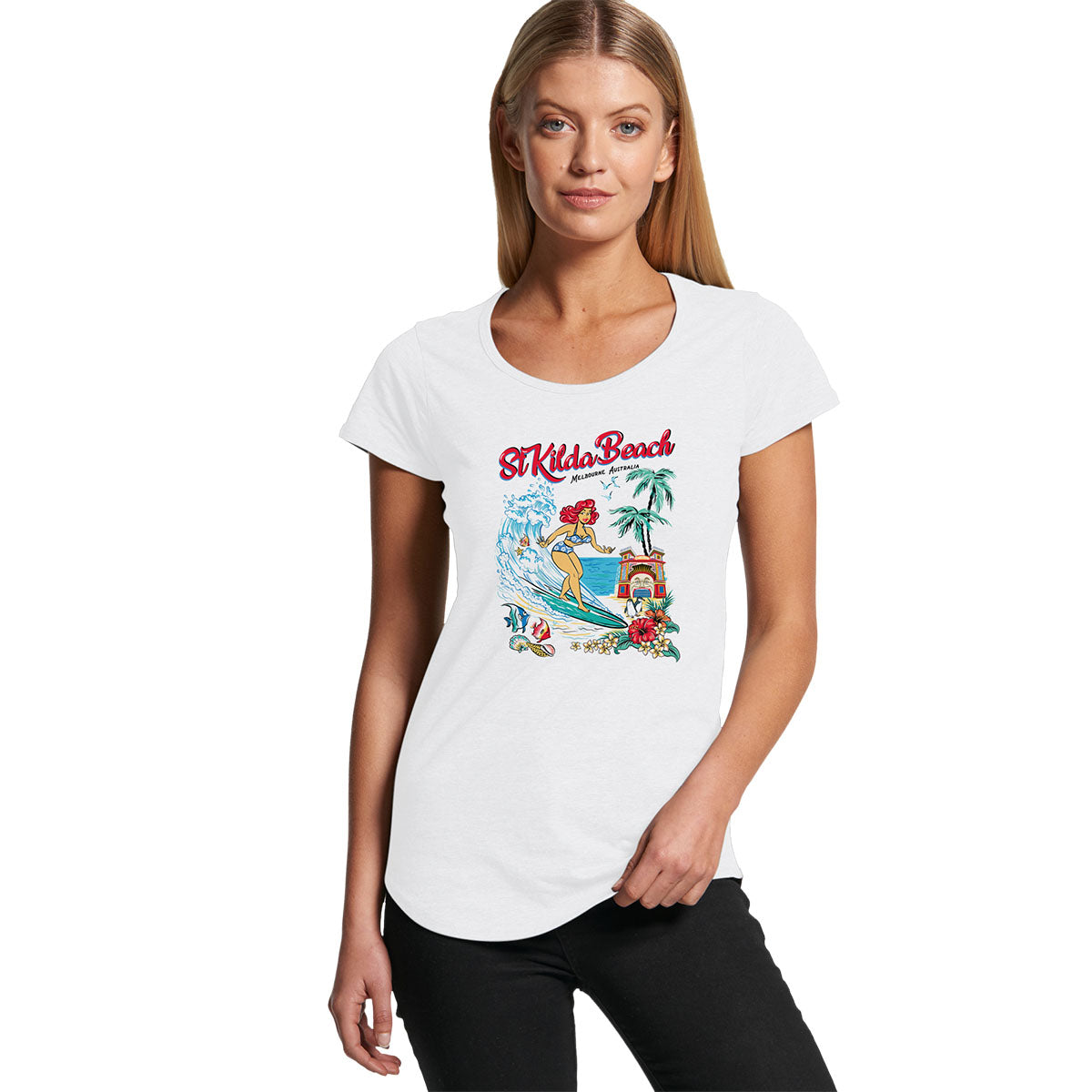 St Kilda Beach - Ladies Scoop Neck T-Shirt