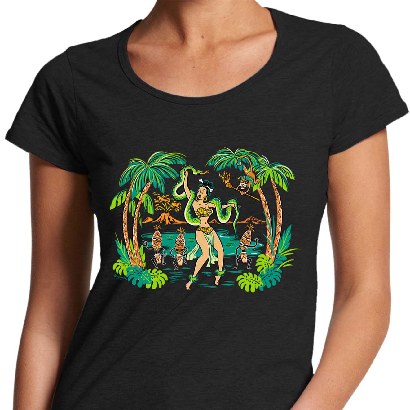 Ladies scoop neck tee shirt with a snake-weilding Voodoo Jungle Queen and Tiki Dancers