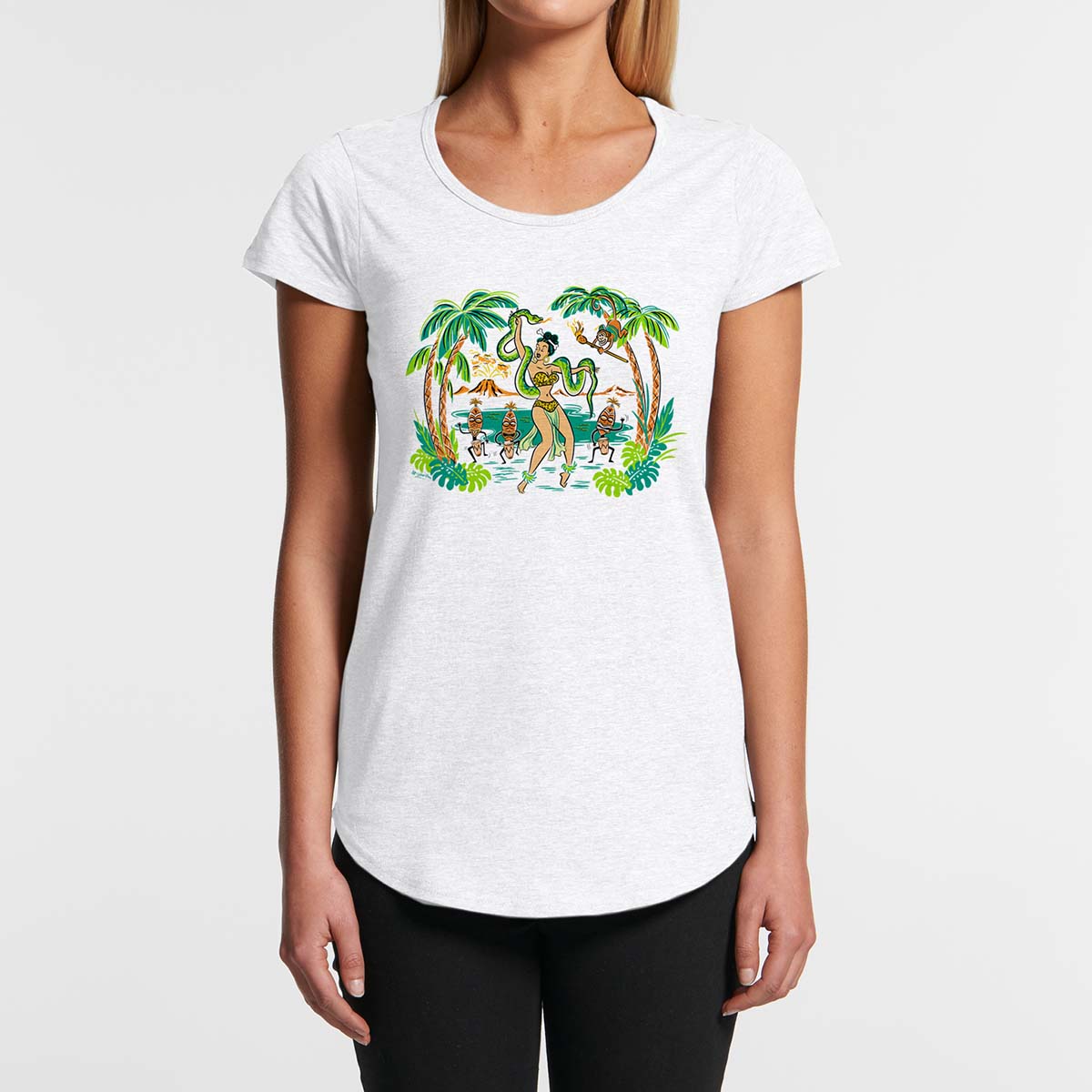 Ladies scoop neck tee shirt with a snake-weilding Voodoo Jungle Queen and Tiki Dancers