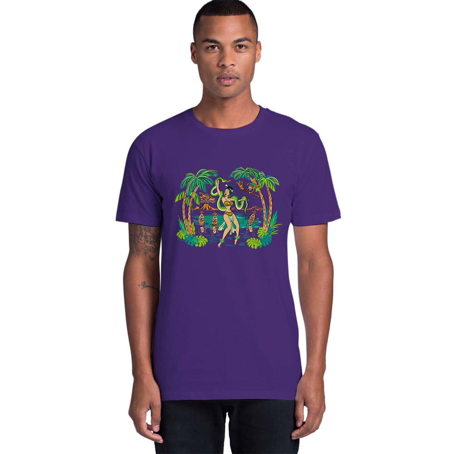 Voodoo Jungle Queen dancing with snake and tiki drummers - purple unisex tee shirt