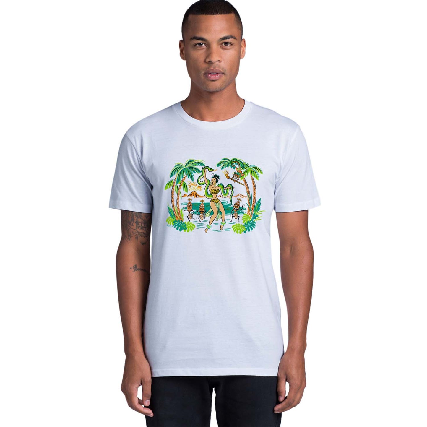 Voodoo Jungle Queen dancing with snake and tiki drummers - white unisex tee shirt