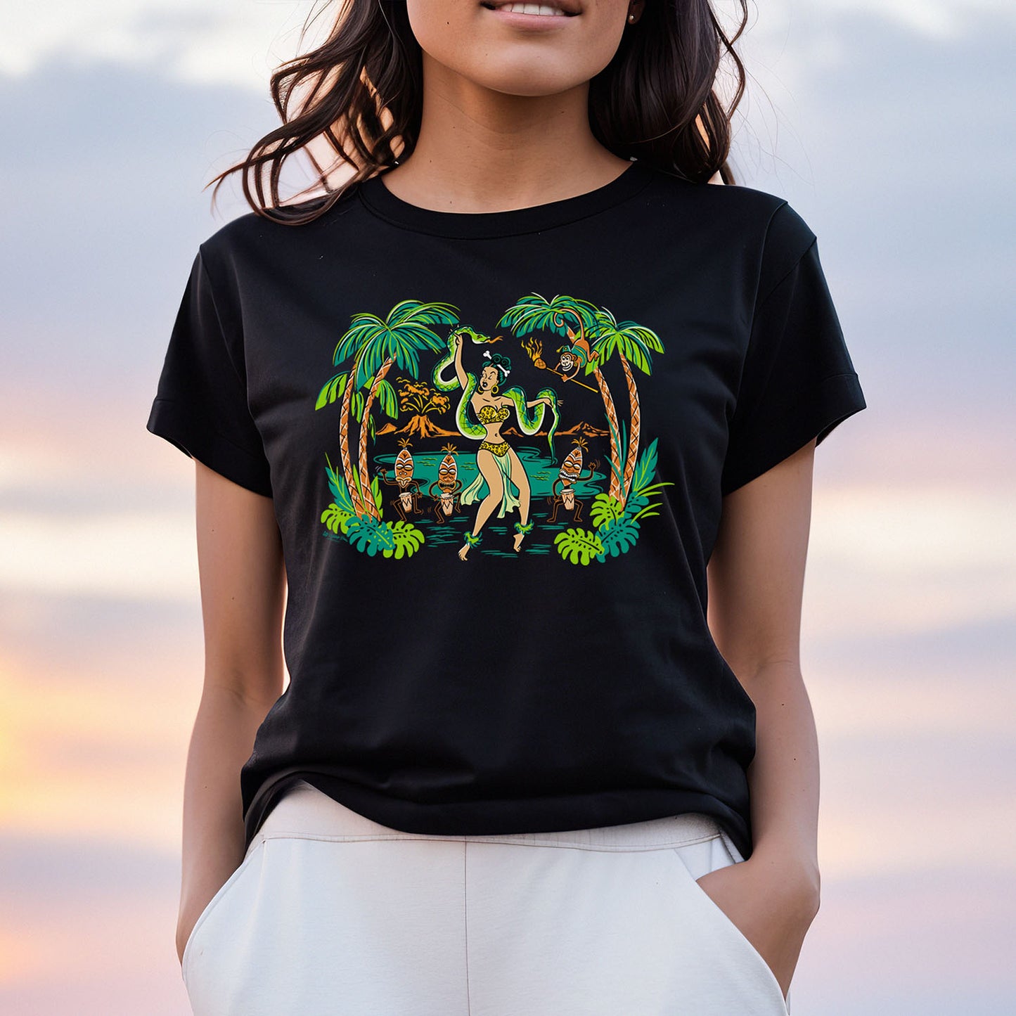 Voodoo Jungle Queen dancing with snake and tiki drummers - black unisex tee shirt