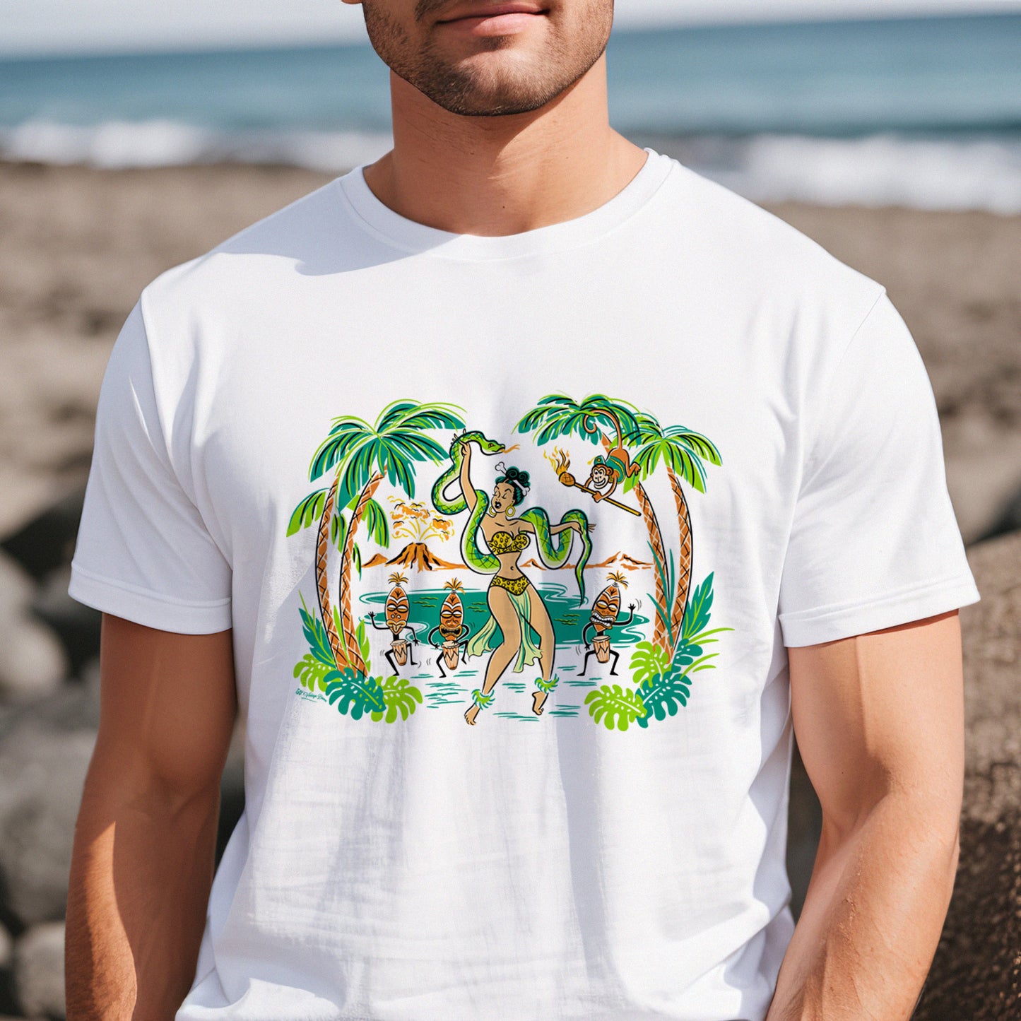 Voodoo Jungle Queen dancing with snake and tiki drummers - white unisex tee shirt