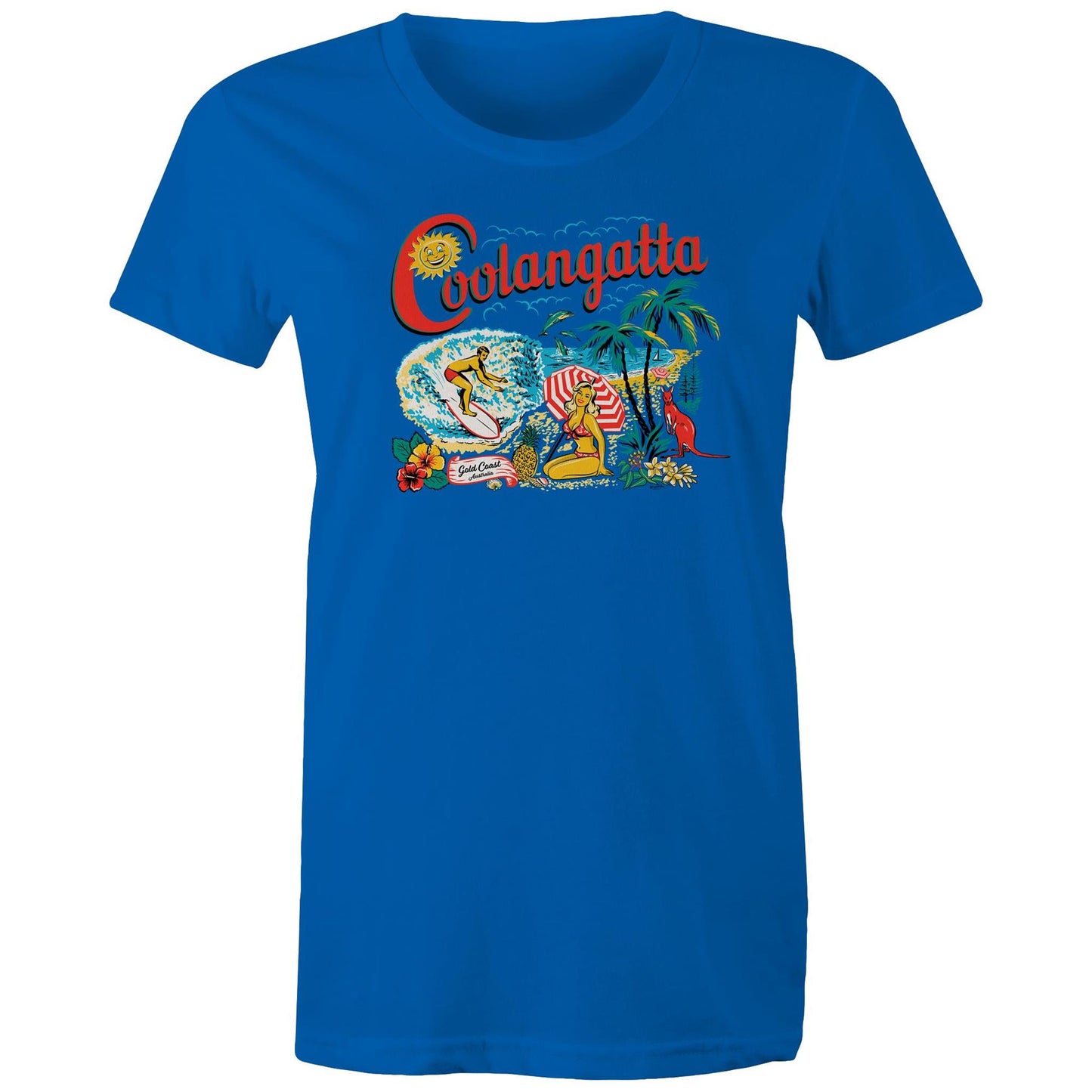 Vintage Coolangatta souvenir t-shirt showing beach scene and kangaroo - ladies royal blue cotton t-shirt.