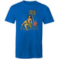 Mens bright royal blue tee shirt with vintage style graphic on the front featuring a hula girl sitting under a plam tree. She is sitting on some lettering made of flowers that says "ALOHA"