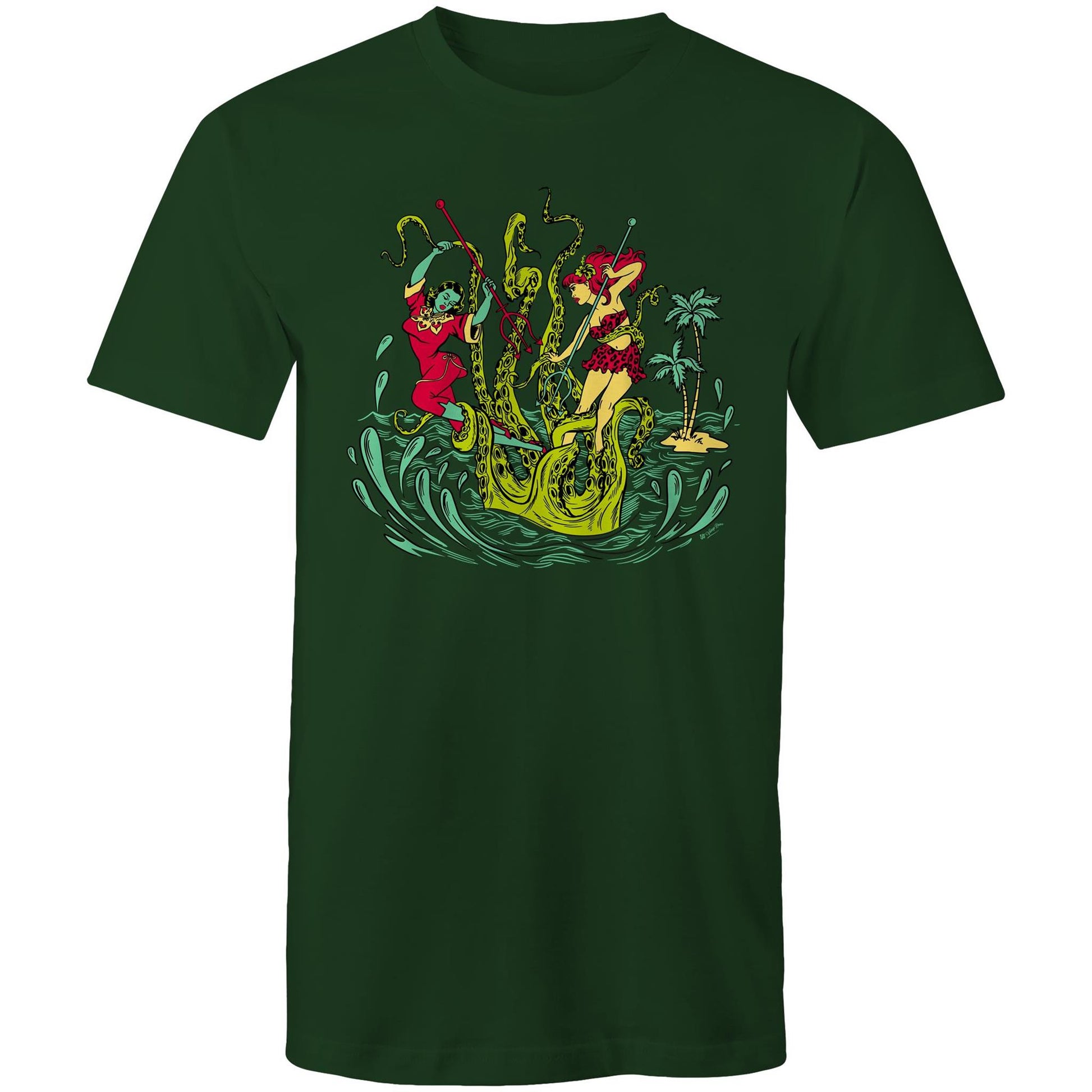 Unisex dark forest green tee shirt with a graphic of two women battling a giant Kracken