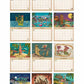 Collection of vintage-style calendar pages with tropical scenes on a white background.