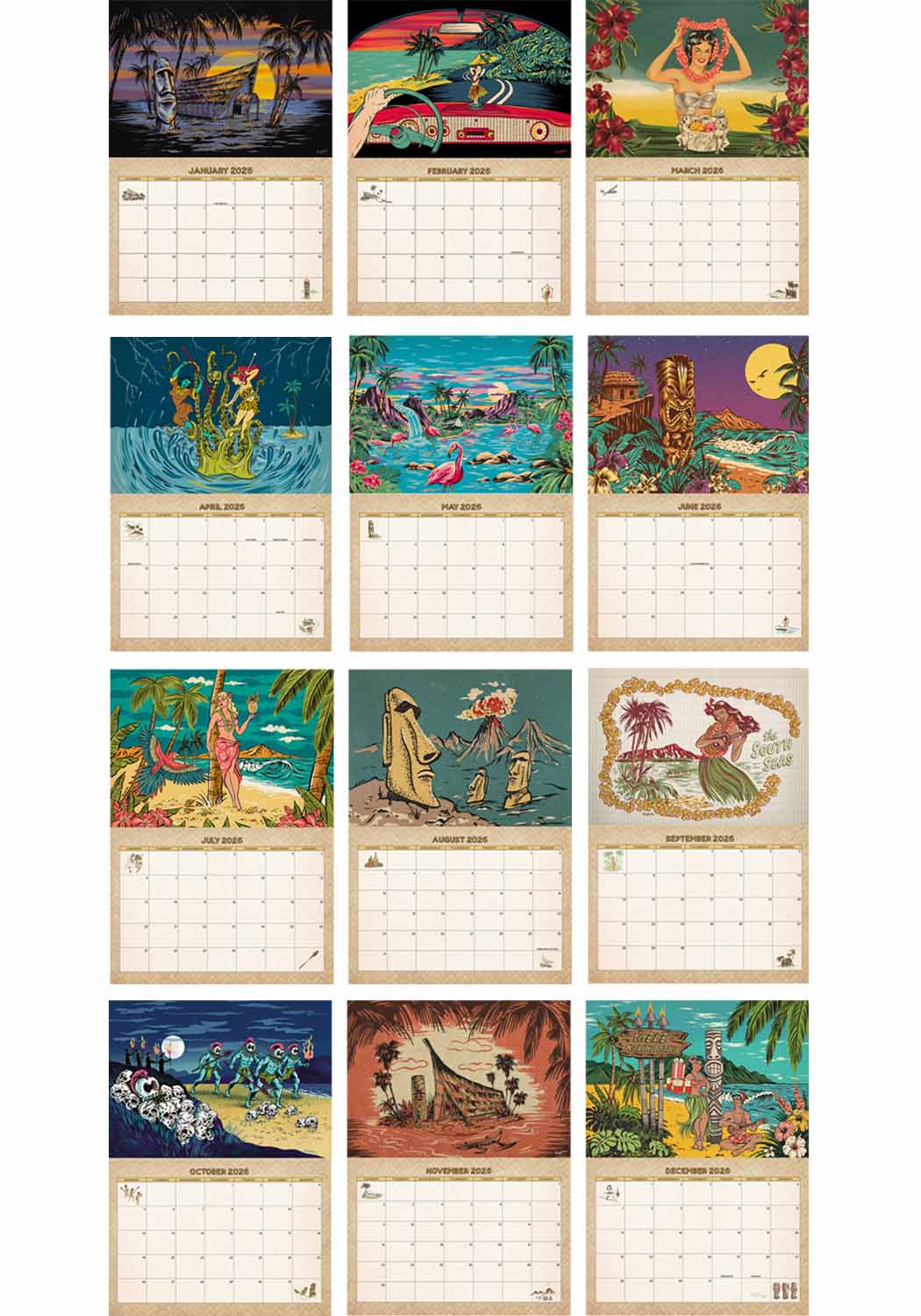 Collection of vintage-style calendar pages with tropical scenes on a white background.