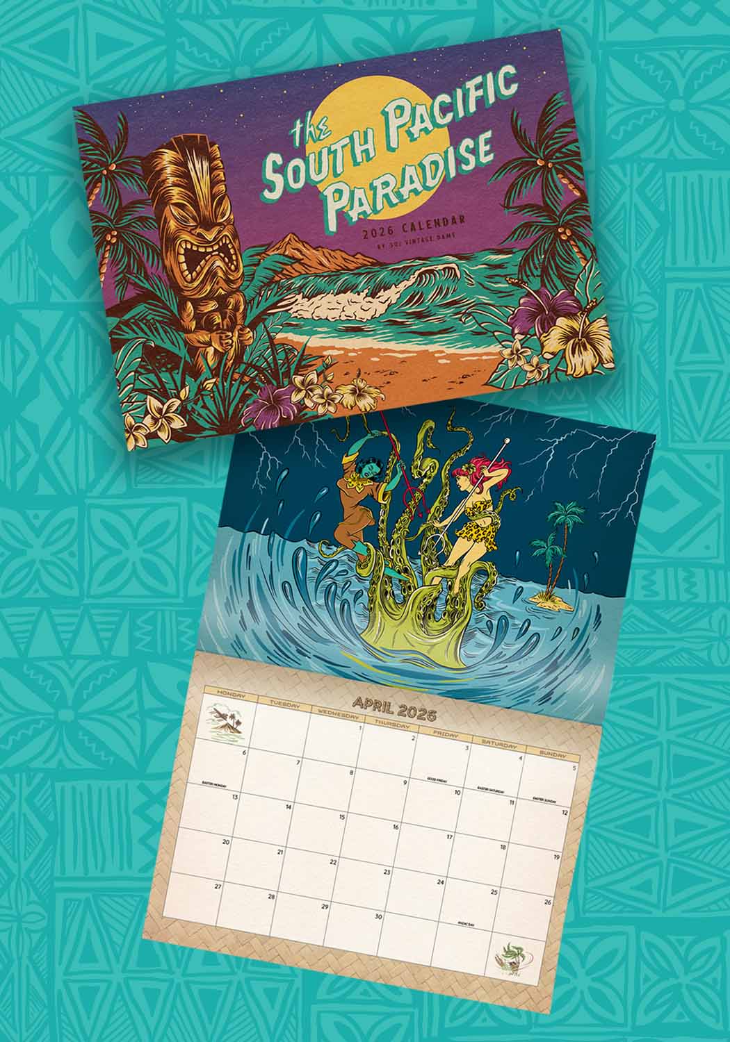 South Pacific Paradise calendar on a teal background