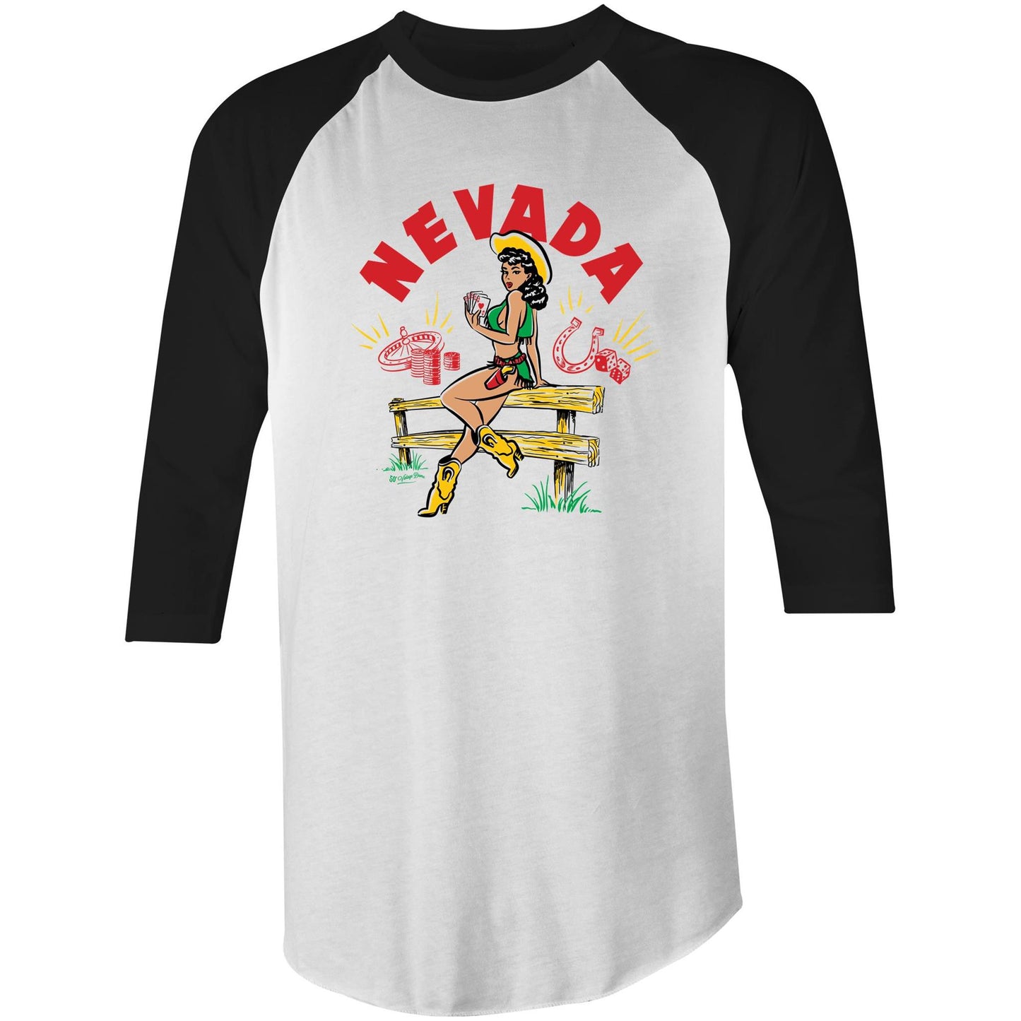 Vintage-style illustration by 50s Vintage Dame of a pinup cowgirl sitting on a wooden fence holding a Royal Flush. Headline says "Nevada" Raglan sleeve tee with white body and black sleeves.