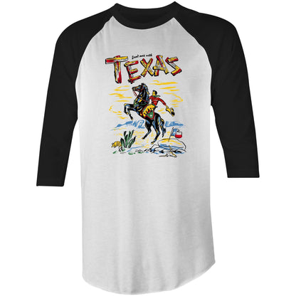 Raglan sleeve t-shirt. Black sleeves and white body. Front image is a vintage style illustration of a cowboy on horseback. Slogan says Don't Mess with Texas.