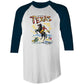 Raglan sleeve t-shirt. Navy blue sleeves and white body. Front image is a vintage style illustration of a cowboy on horseback. Slogan says Don't Mess with Texas.