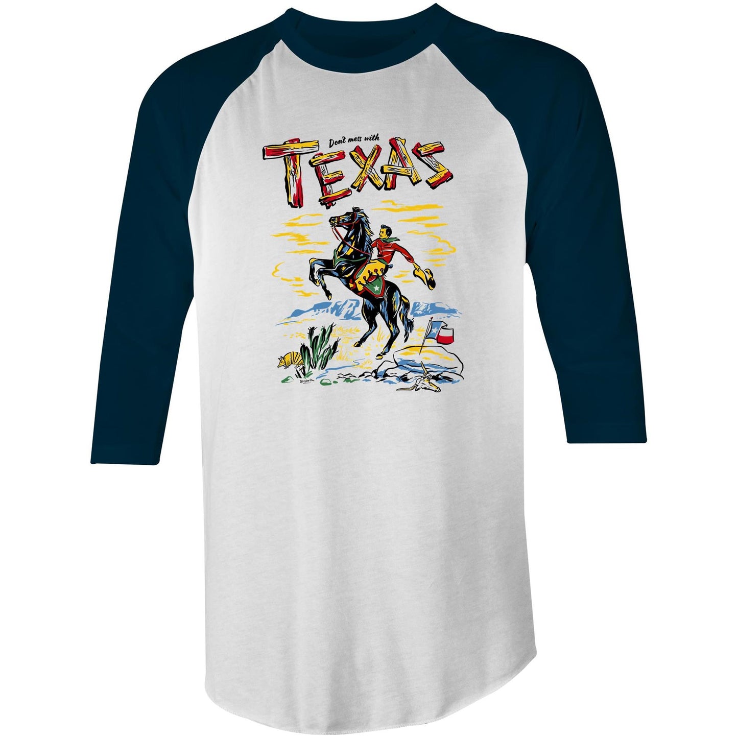 Raglan sleeve t-shirt. Navy blue sleeves and white body. Front image is a vintage style illustration of a cowboy on horseback. Slogan says Don't Mess with Texas.