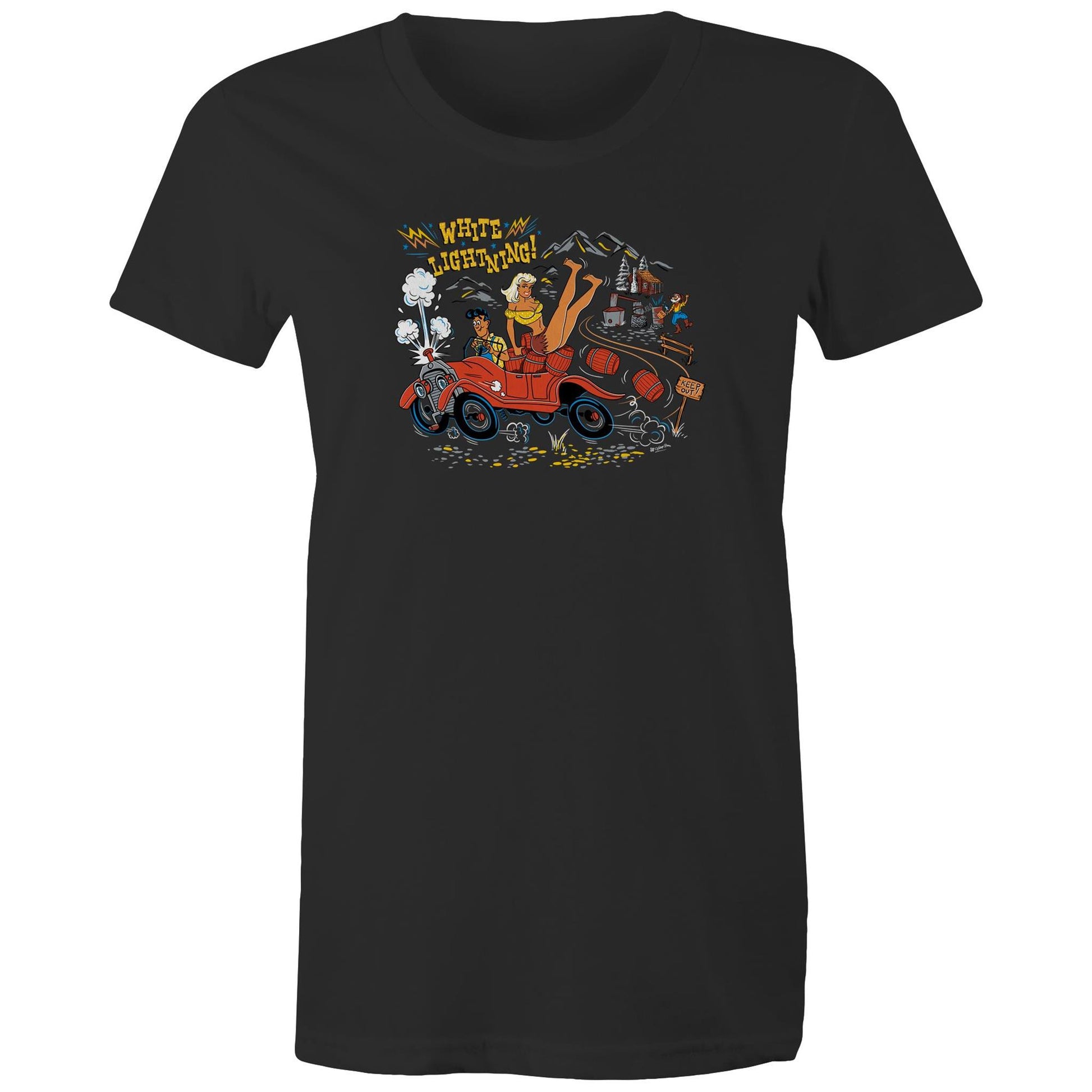 black t-shirt with an ilustration of a hillbilly driving a moonshine-laden jalopy trying to outrun the law. A pretty hilly girl sits on the back and pappy is in the background with his still. The text says "White Lightning"