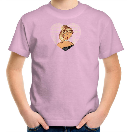 Childrens printed t-shirt with a pink vintage Barbie illustration in a love heart