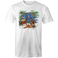 Unisex mens white t-shirt featuring a vintage style illustration of a tiki hut and a hula girl on a tropical island. Bamboo text says "Tiki-Time"