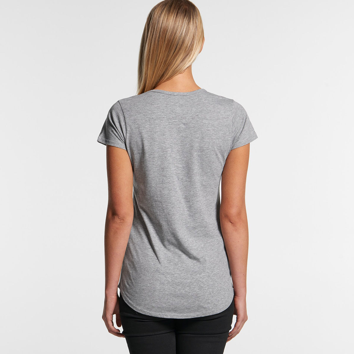 Back view of ladies fitted scoop neck t-shirt