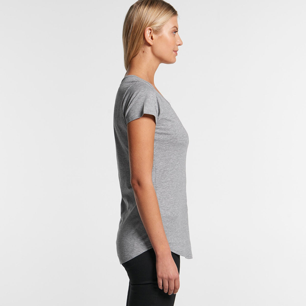 side view of grey tee shirt to show how it fits