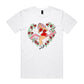 White unisex t-shirt features a print of a vintage pinup lady wearing boxing gloves surrounded by red roses. A banner says Beat you to the punch"