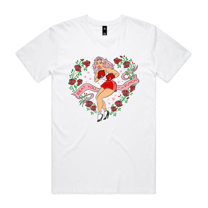 White unisex t-shirt features a print of a vintage pinup lady wearing boxing gloves surrounded by red roses. A banner says Beat you to the punch"