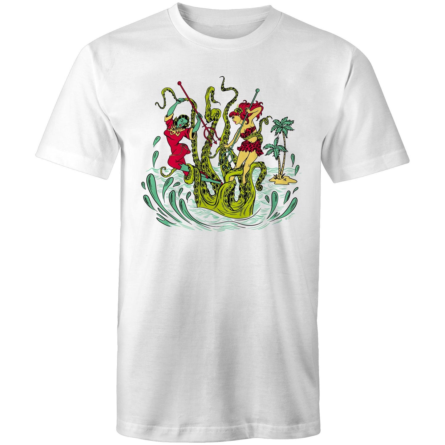 Unisex white tee shirt with a graphic of two women battling a giant Kracken