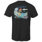 Mens black cotton t-shirt with vintage-style graphic of Bells Beach Torquay Victoria. Pinup girl surfing.