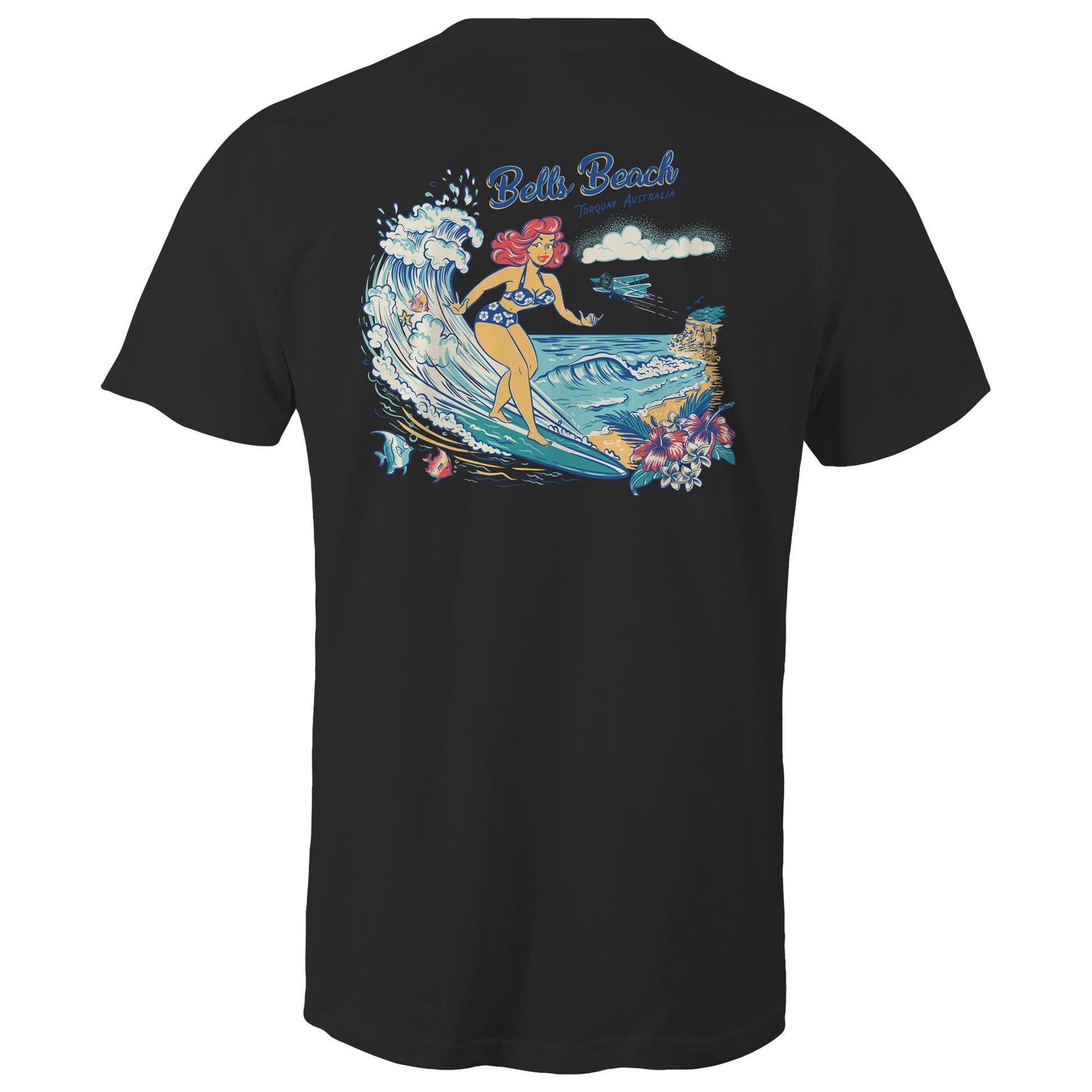 Mens black cotton t-shirt with vintage-style graphic of Bells Beach Torquay Victoria. Pinup girl surfing.