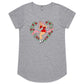 Grey ladies scoop-neck t-shirt features a print of a vintage pinup lady wearing boxing gloves surrounded by red roses. A banner says Beat you to the punch"
