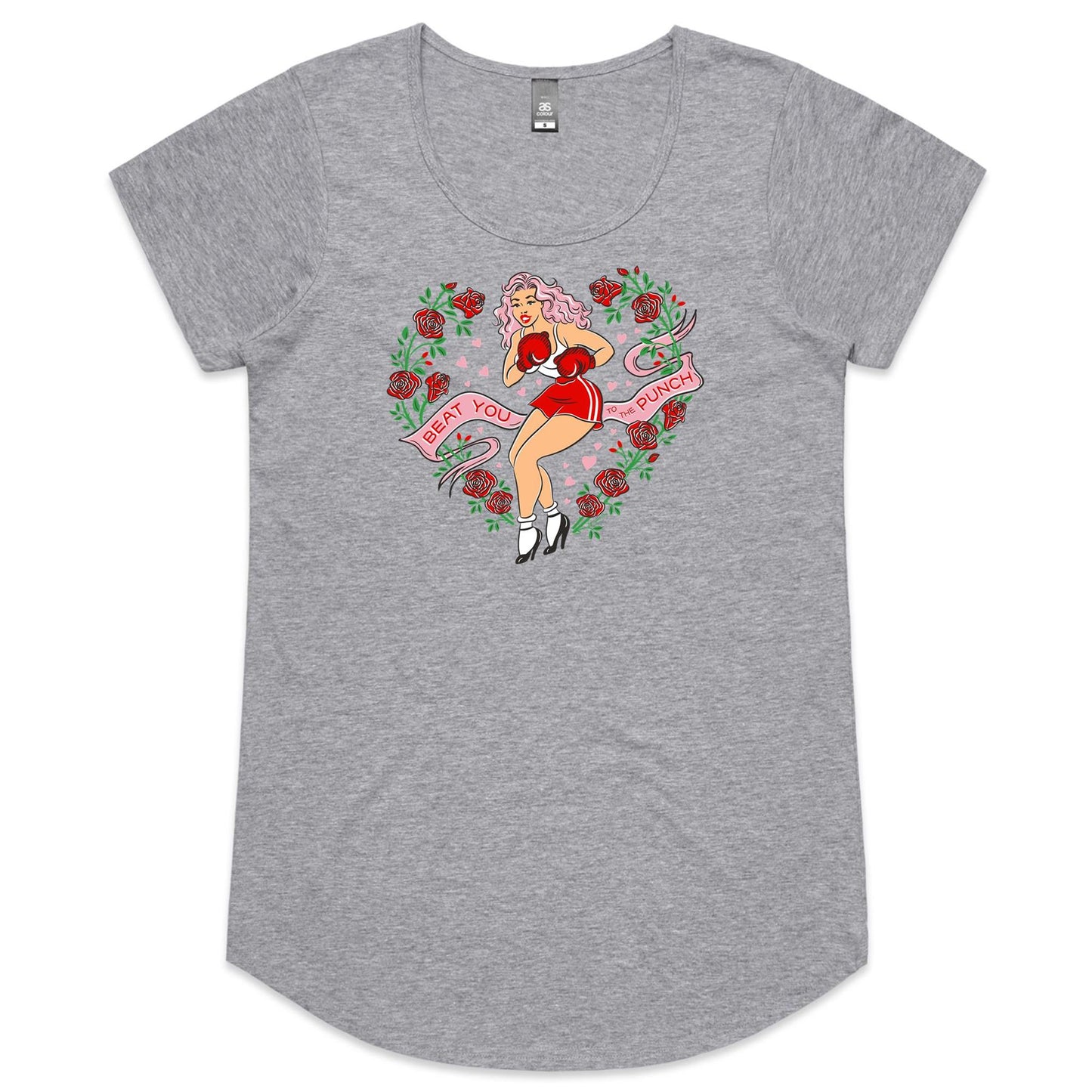 Grey ladies scoop-neck t-shirt features a print of a vintage pinup lady wearing boxing gloves surrounded by red roses. A banner says Beat you to the punch"
