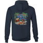 Navy hoodie with back print featuring a tropical scene with a beach chack and an island girl. Text says Tiki-Time