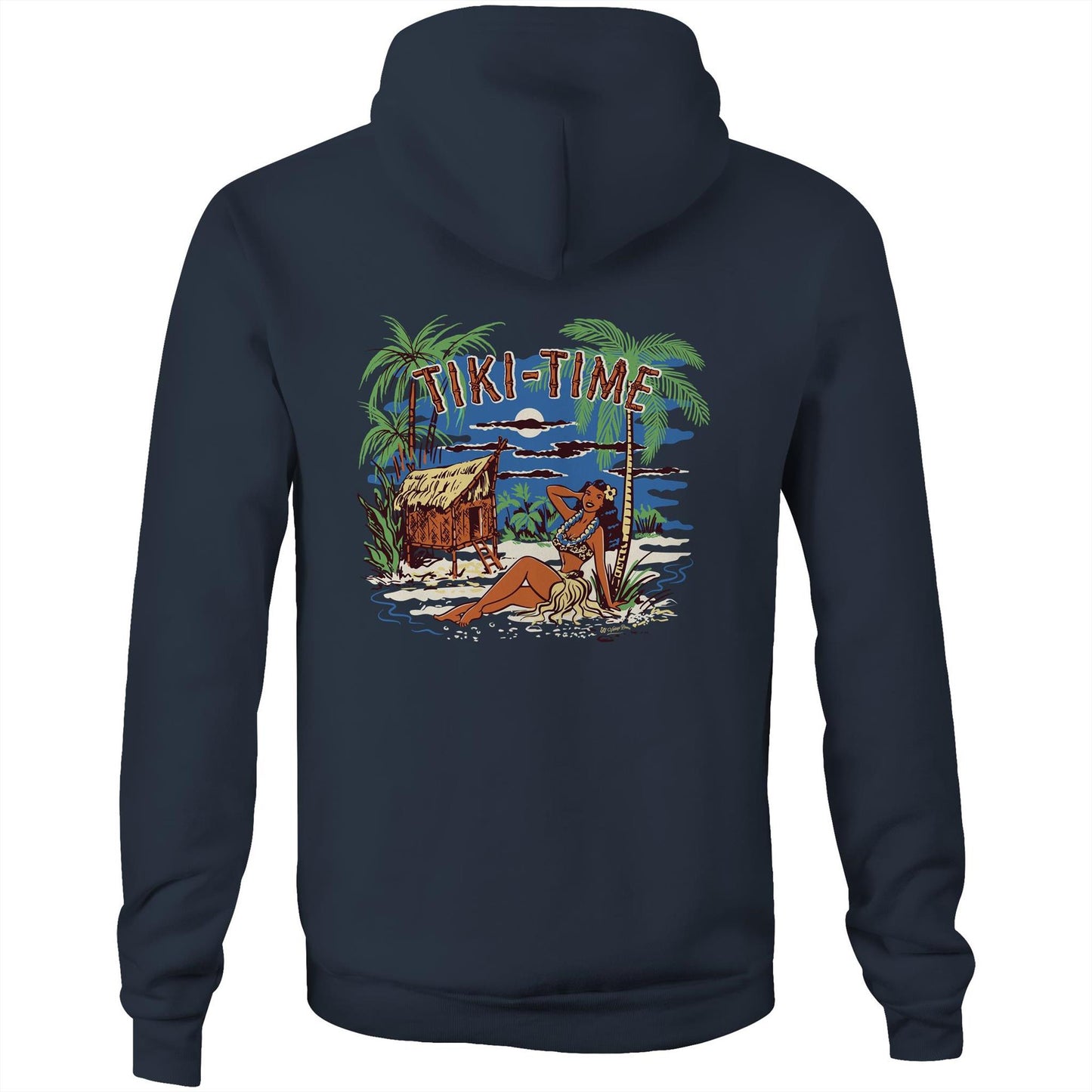 Navy hoodie with back print featuring a tropical scene with a beach chack and an island girl. Text says Tiki-Time