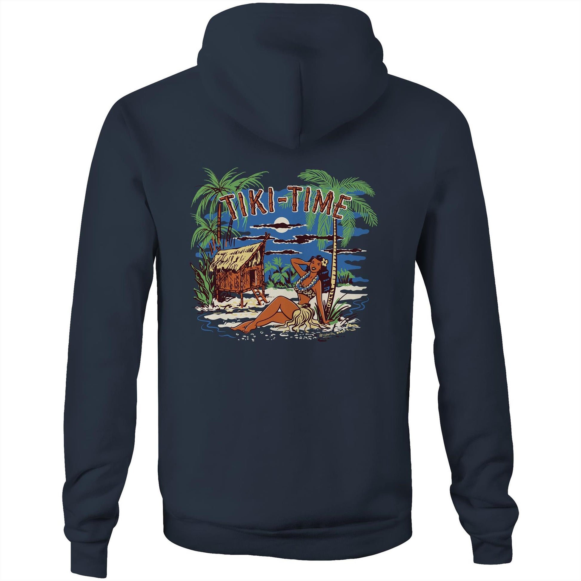 Navy hoodie with back print featuring a tropical scene with a beach chack and an island girl. Text says Tiki-Time