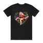 Black unisex t-shirt features a print of a vintage pinup lady wearing boxing gloves surrounded by red roses. A banner says Beat you to the punch"