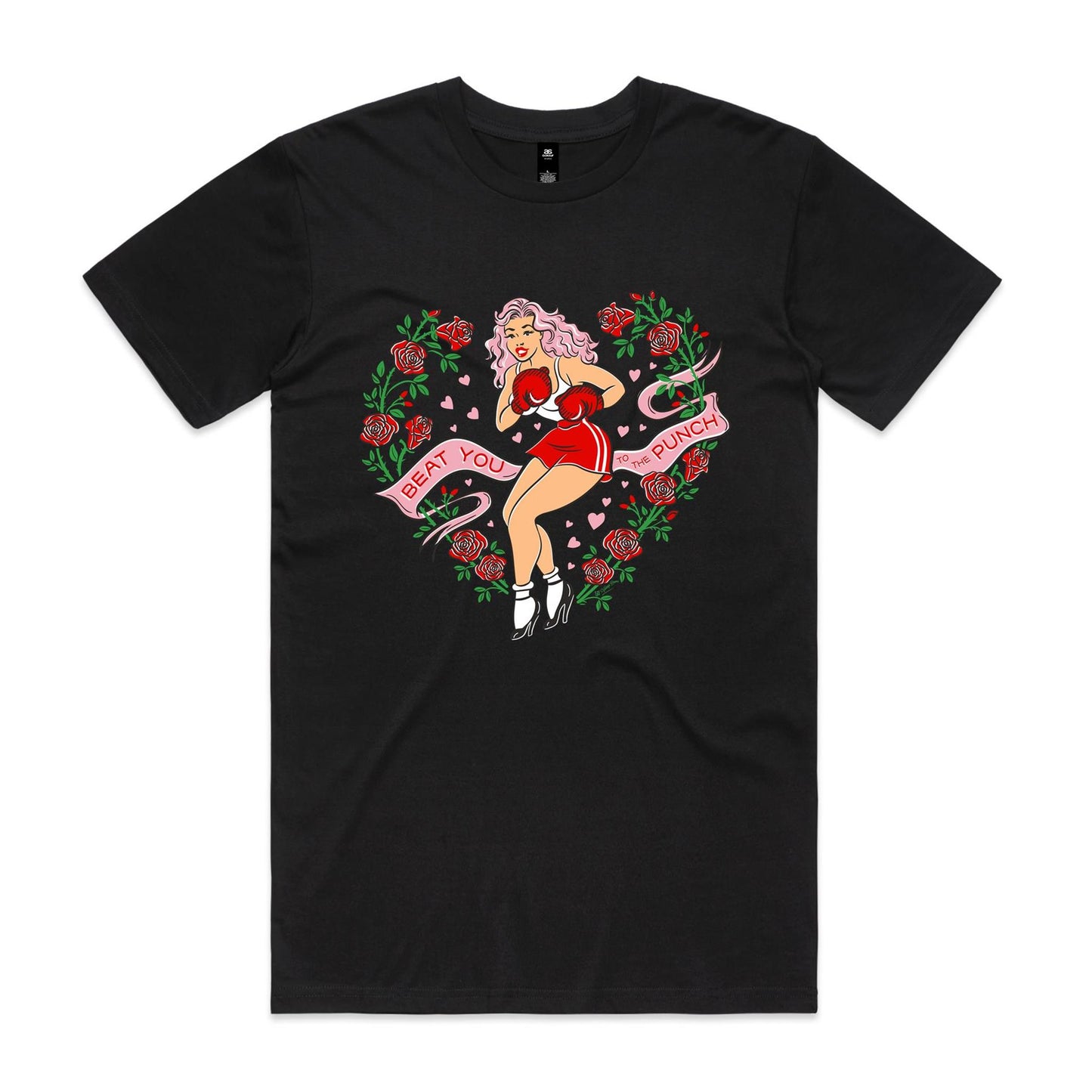 Black unisex t-shirt features a print of a vintage pinup lady wearing boxing gloves surrounded by red roses. A banner says Beat you to the punch"
