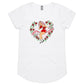 White ladies scoop-neck t-shirt features a print of a vintage pinup lady wearing boxing gloves surrounded by red roses. A banner says Beat you to the punch"
