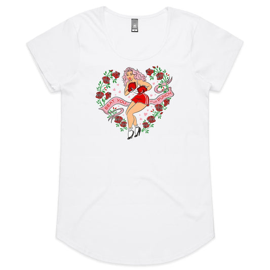 White ladies scoop-neck t-shirt features a print of a vintage pinup lady wearing boxing gloves surrounded by red roses. A banner says Beat you to the punch"