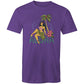 Mens purple tee shirt with vintage style graphic on the front featuring a hula girl sitting under a plam tree. She is sitting on some lettering made of flowers that says "ALOHA"