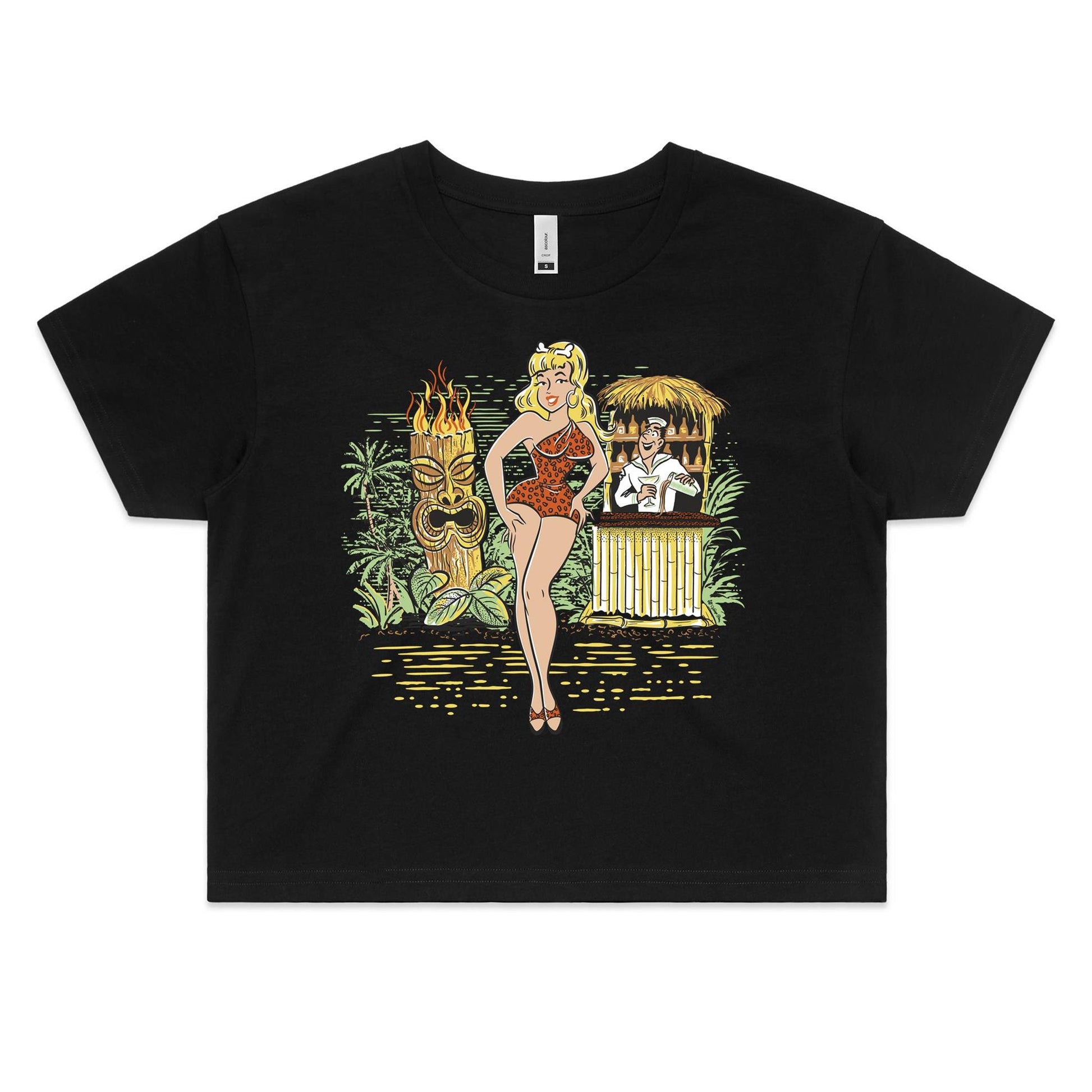 Black cropped tee shirt with an original illustration featuring a sexy tiki queen pionup lady. Behind her a tiki statue bursts into flames and a sailor behind a little tiki bar spills his drink because he can't take his eyes off her.