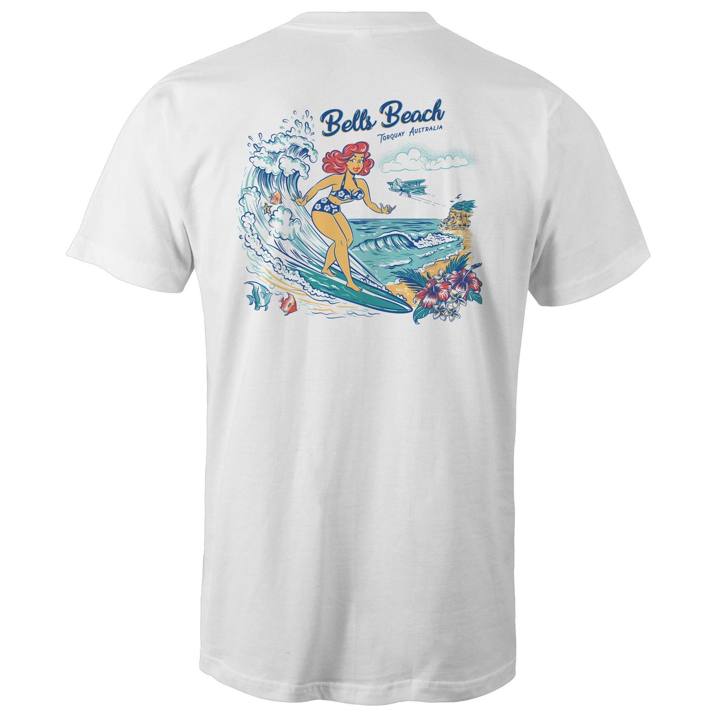 Mens white t-shirt with vintage-style graphic of Bells Beach Torquay Victoria. Pinup girl surfing.