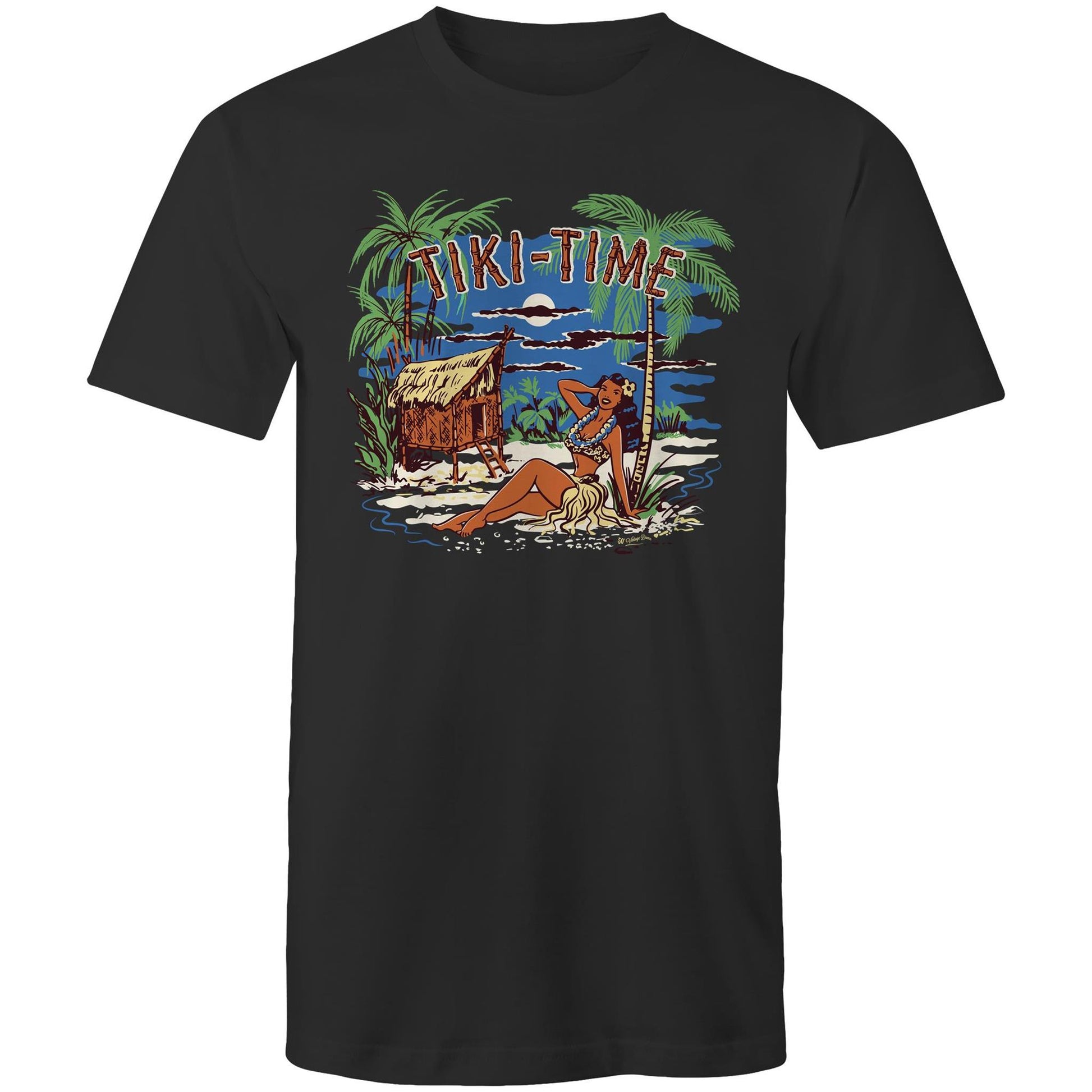 Unisex mens black t-shirt featuring a vintage style illustration of a tiki hut and a hula girl on a tropical island. Bamboo text says "Tiki-Time"