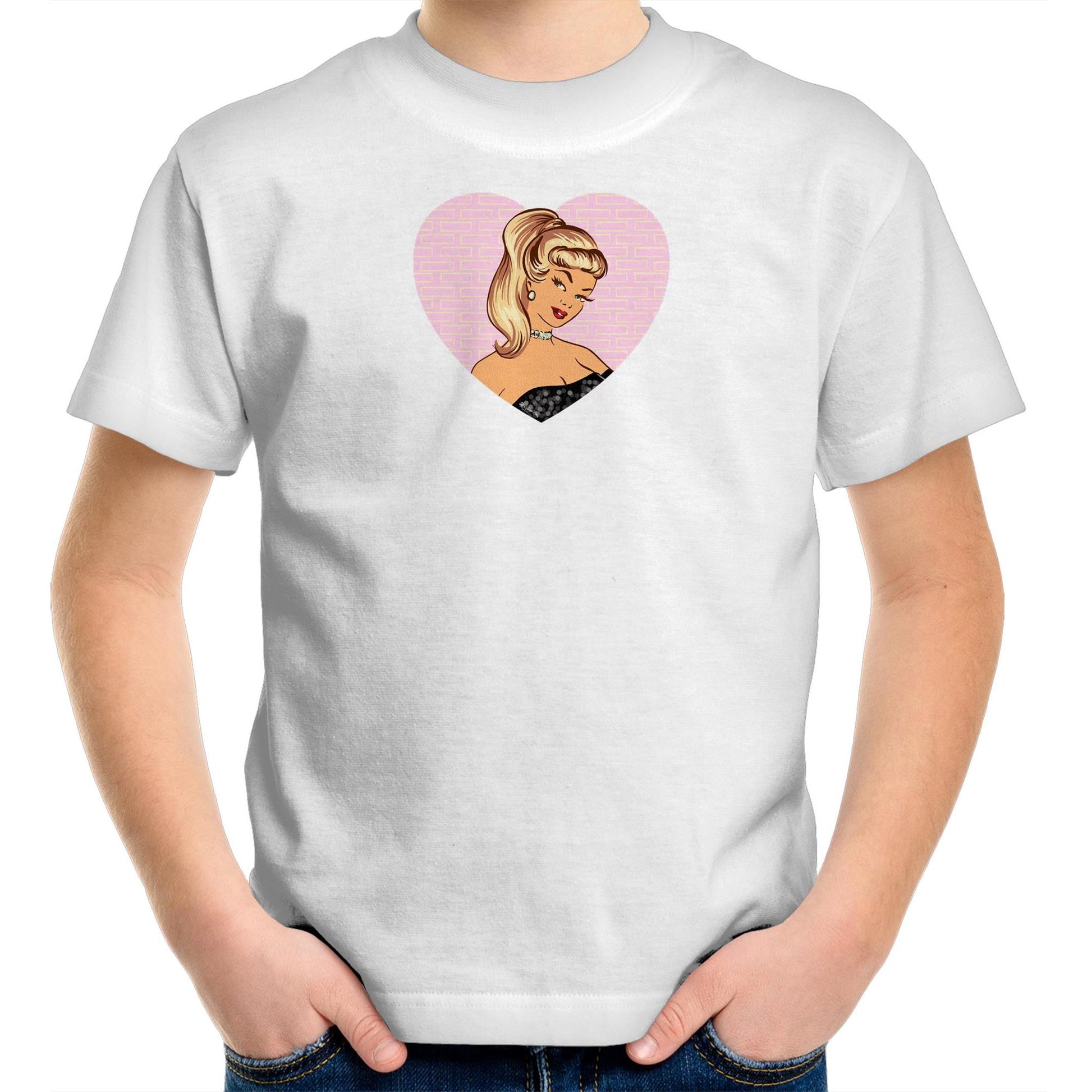 Childrens printed t-shirt with a pink vintage Barbie illustration in a love heart