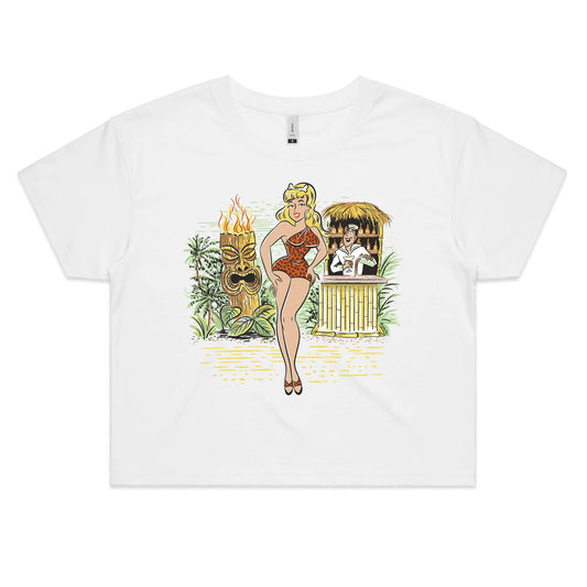 White cropped tee shirt with an original illustration featuring a sexy tiki queen pionup lady. Behind her a tiki statue bursts into flames and a sailor behind a little tiki bar spills his drink because he can't take his eyes off her.